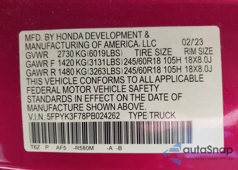 2023 Honda Ridgeline Rtl-E из США, поврежденный, VIN 5FPYK3F78PB024262